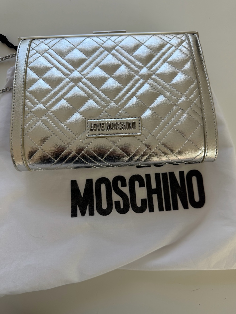 Love Moschino Metallic Silver Quilted Mini Crossbody